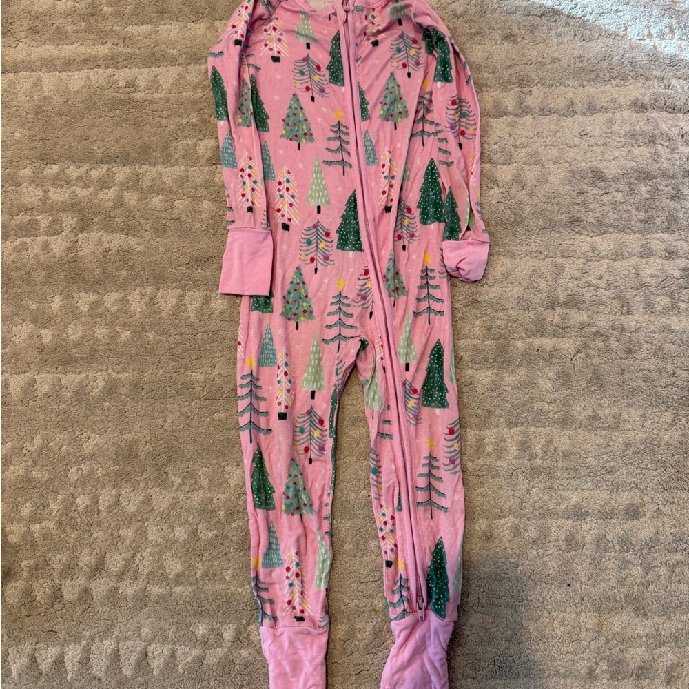 Little Sleepies Pink and Green Christmas holiday Tree Print Footie 18-24 months